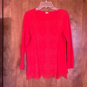 J. Crew- Red with orange shade lace detail long sleeve shirt